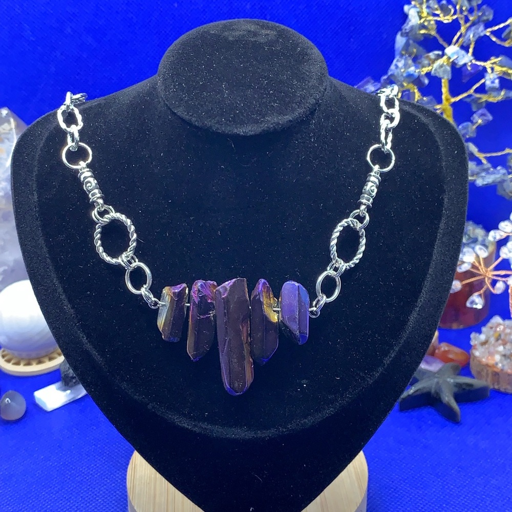 Purple & Gold Titanium Quartz Power Point Necklace 14” Clavicle Length, Handmade